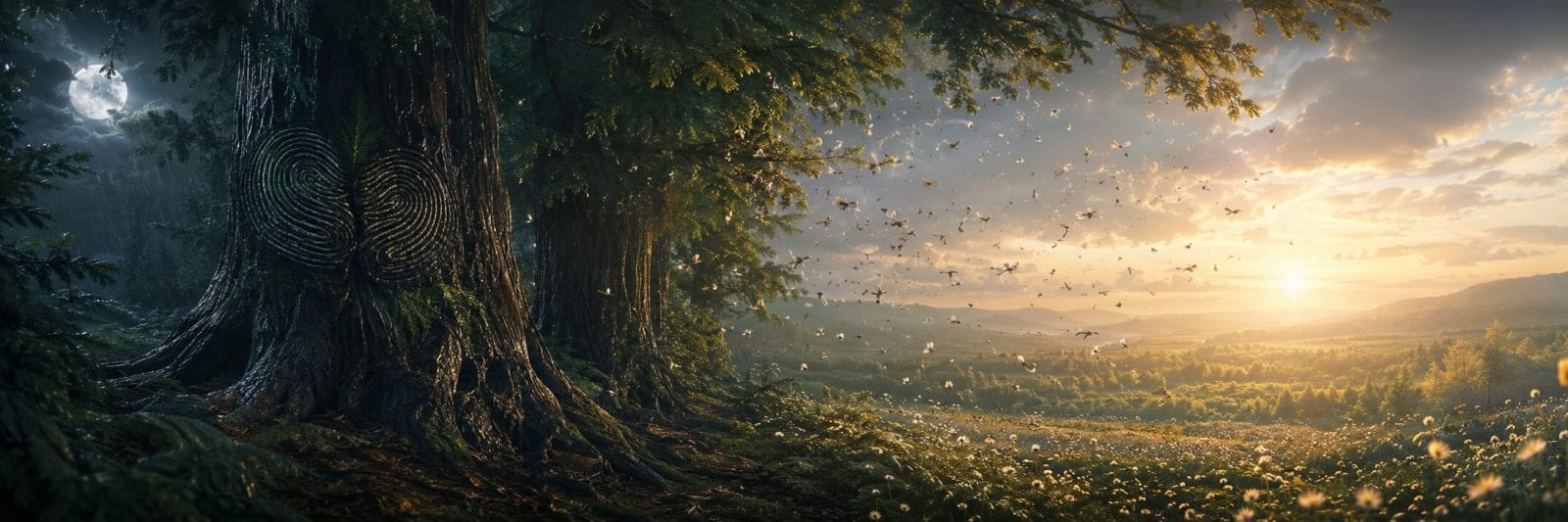 A large tree with spiral carvings stands in a forest as dandelion seeds float and the sunrise fades the darkness.