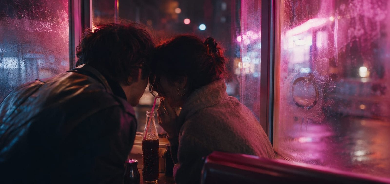 Two people sit closely together in a diner at night, sharing a drink under neon pink lights, conveying strength and spirit.