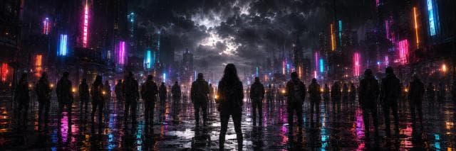 A crowd gathers in a rainy city at night, neon lights reflecting on wet streets beneath stormy clouds.