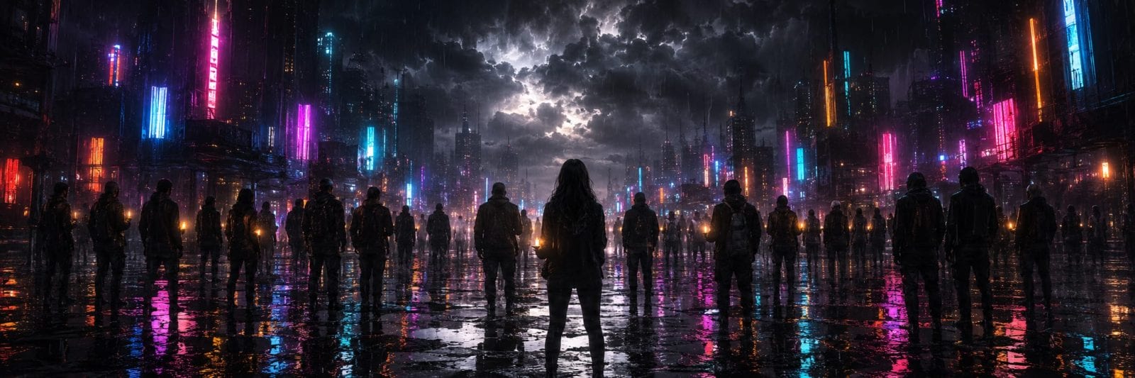 A crowd gathers in a rainy city at night, neon lights reflecting on wet streets beneath stormy clouds.