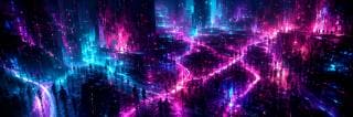 Surreal cityscape with neon-lit buildings and silhouettes moving as if drawn to distant music.