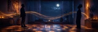 Two people face each other in a dim room, orange light trails symbolize Zulu spirit as chaos and darkness loom outside.