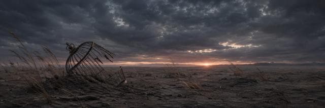 A broken birdcage sits on cracked ground at sunset, representing resilience and hope in challenging times.