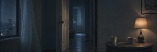 A room with an open door, two mugs, a lamp, and a window reflecting darkness and chaos in the sheer night curtains.