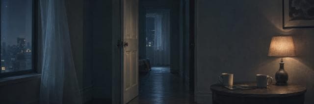 A room with an open door, two mugs, a lamp, and a window reflecting darkness and chaos in the sheer night curtains.
