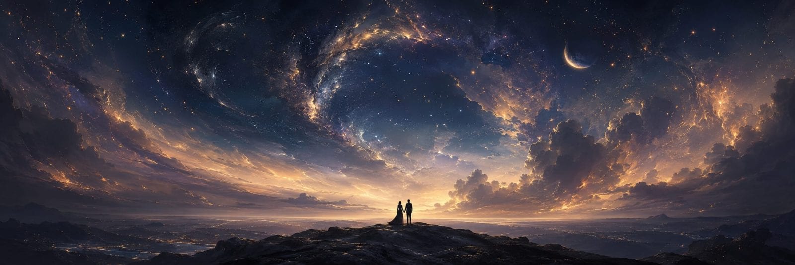Two people stand on a mountain at dusk, nature around them and their reflection visible beneath swirling stars and a crescent moon.
