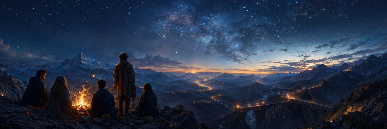 A group sits by a campfire at night, looking out over a valley, bridge, and starry sky surrounded by nature.