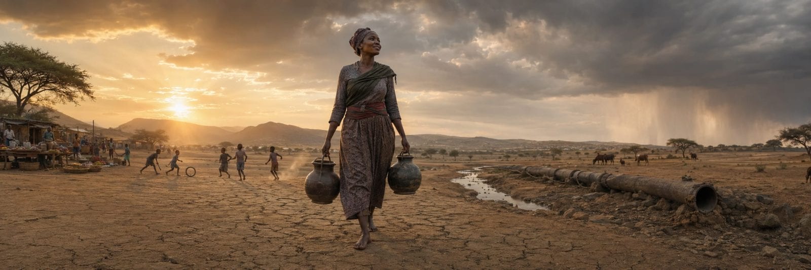 A woman carries pots across a dry, cracked landscape at sunset, symbolizing resilience amidst harsh conditions.