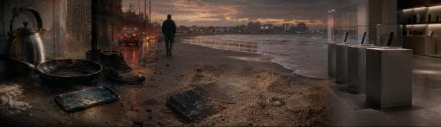 Broken phone in sand on an urban beach; old shoes and kettle beside sleek phones on display, symbolizing strength and spirit.