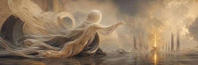 A ghostly figure in flowing robes reaches toward a flaming altar among surreal ruins beneath a cloudy golden sky.