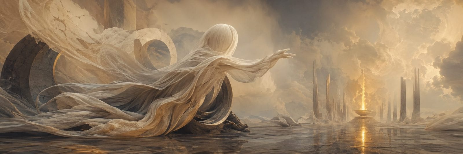 A ghostly figure in flowing robes reaches toward a flaming altar among surreal ruins beneath a cloudy golden sky.
