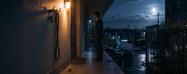 A man stands outside an apartment at night near a dog leash, with a quiet, reflective sky above.