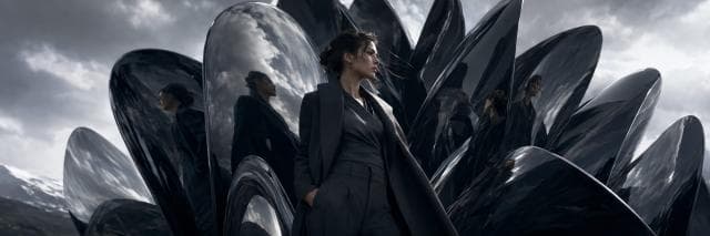 A woman in dark clothing stands in front of glossy black shapes reflecting nature and a cloudy sky.