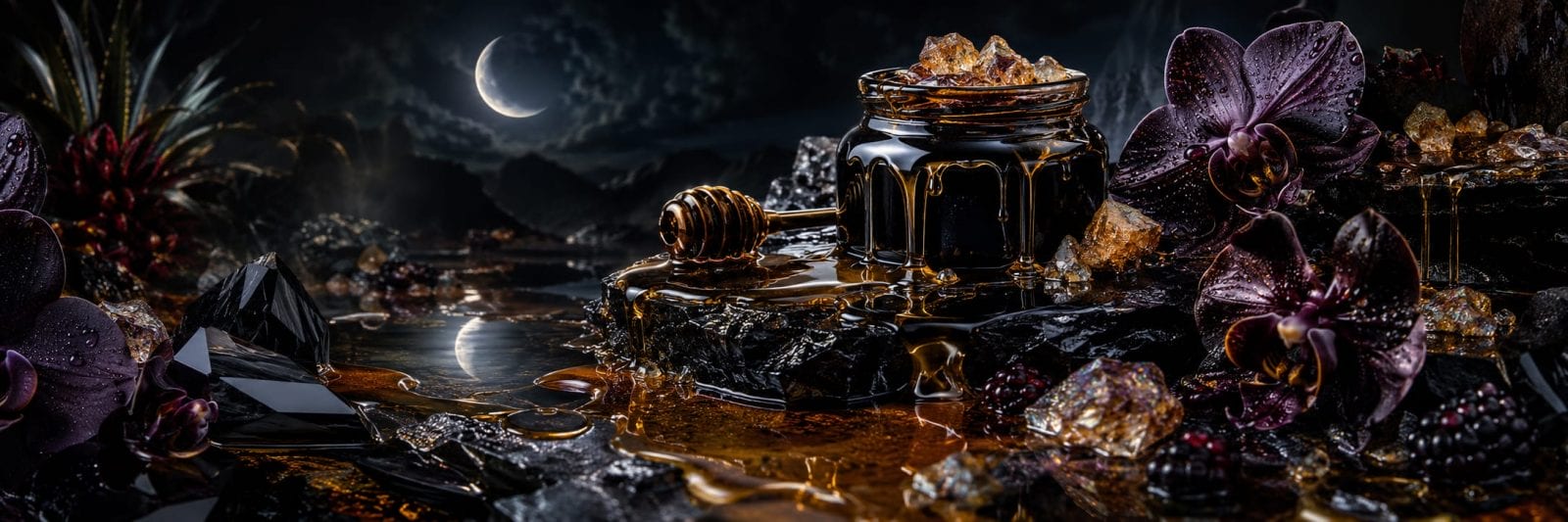 Jar of honey, honey dipper, orchids, and crystals on rocks under a surreal crescent moon.