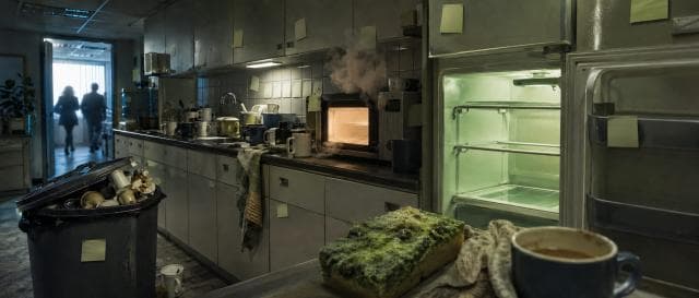 Messy kitchen with overflowing trash, dirty dishes, a glowing microwave, empty fridge, and a moldy dish in the foreground.