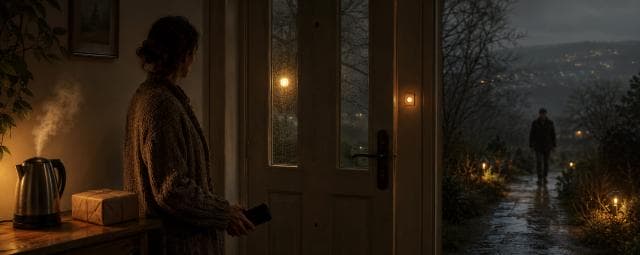A woman in a sweater stands by an open door, watching someone approach on a rainy path at night.