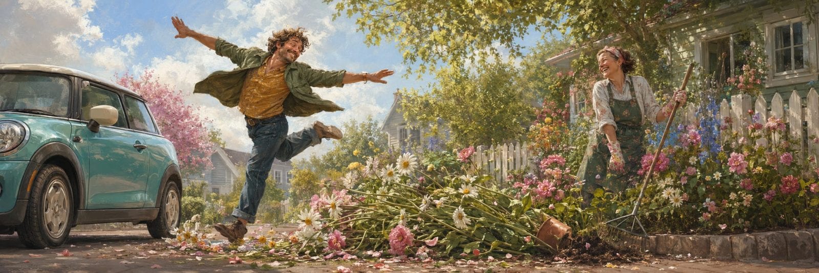 A man leaps near a toppled flower cart while a woman smiles playfully beside a blue parked car.