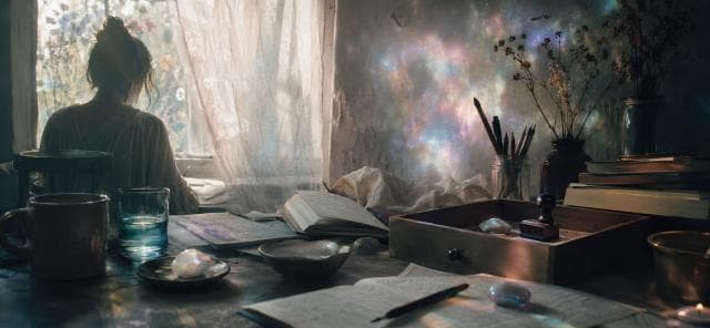 A confident woman sits by the window at a desk with books, pens, a glass, and colorful stones.