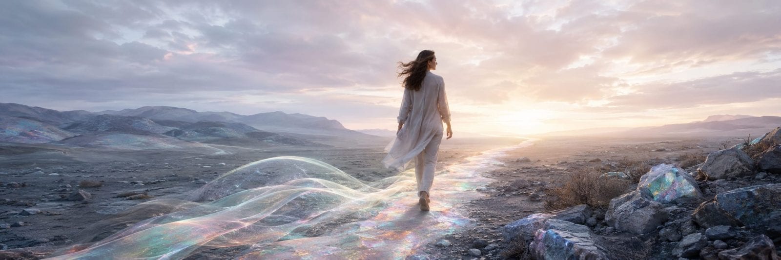A person in light clothing walks on a glowing iridescent path through rocky terrain at sunrise or sunset, embodying strength and spirit.