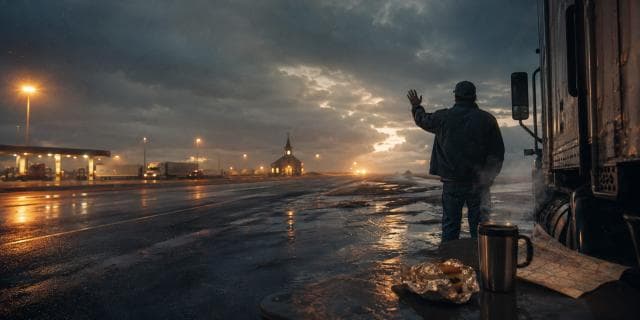 Person waves at sunrise on a wet roadside near trucks, with food and a coffee mug on the table in the foreground.