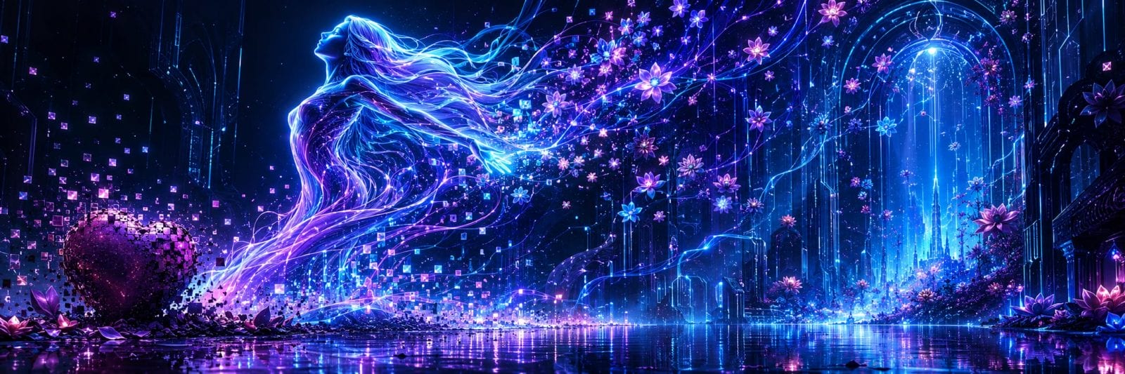 A glowing figure made of light and flowers stands in a surreal blue and purple landscape with arched doors.