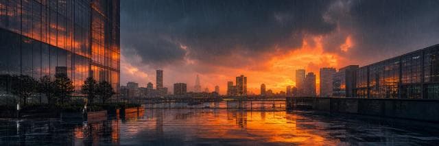 Rain crosses a city office district at dusk while orange light burns across the glass and wet streets.