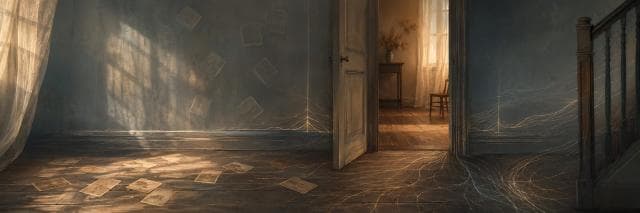 Sunlit photos scattered on the floor near a faded blue wall, highlighting themes of nature and reflection.