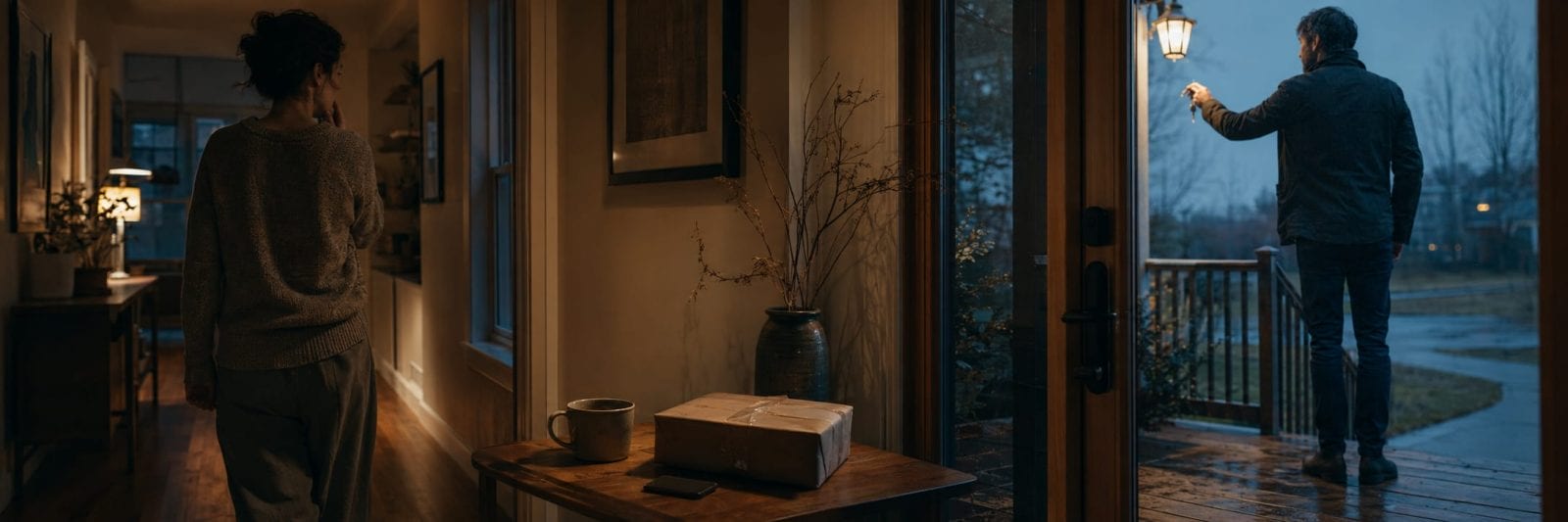 A woman stands in a hallway, lost in thought, while a man waits on the porch ready to ring the doorbell.