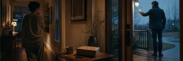 A woman stands in a hallway, lost in thought, while a man waits on the porch ready to ring the doorbell.