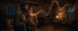 A man and woman sing passionately into a microphone as glowing sound waves swirl, with a lamp and piano visible nearby.
