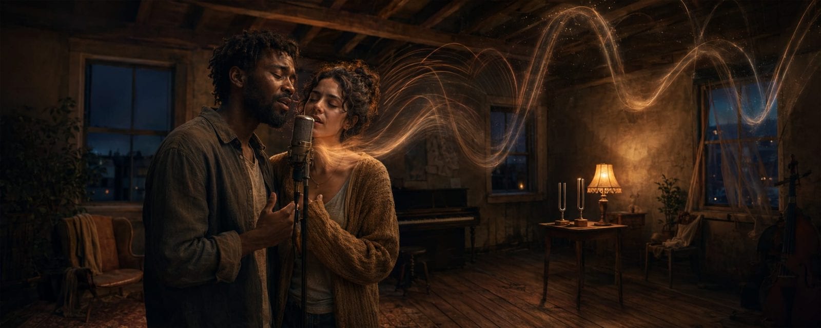 A man and woman sing passionately into a microphone as glowing sound waves swirl, with a lamp and piano visible nearby.