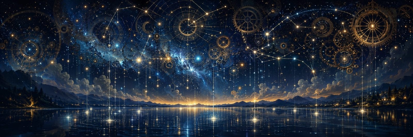 Night sky with constellations and gears above a calm lake, reflecting nature and a glowing star-filled horizon.