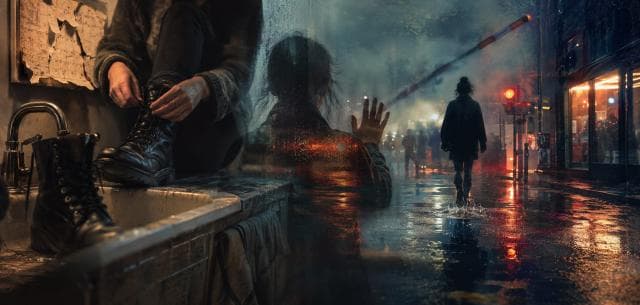 One person laces boots by a sink while another walks away on a rainy city street at night.