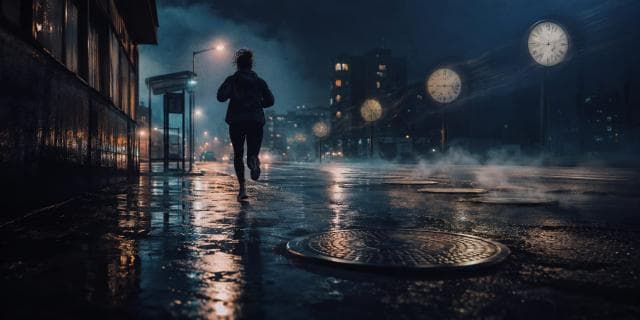 A person jogs on a wet city street at night, with glowing clocks overhead and steam rising from the pavement.