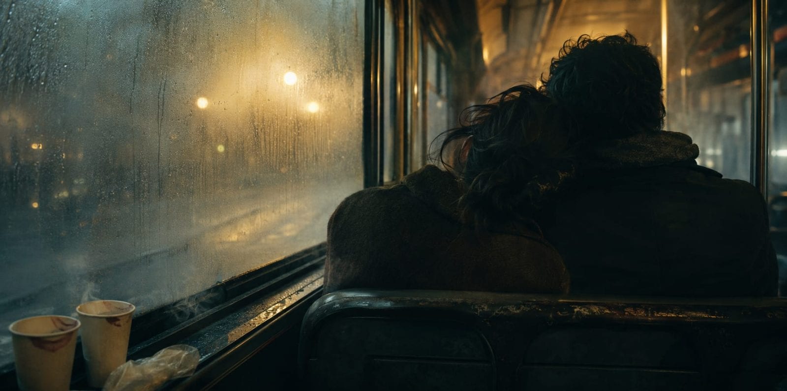 Two people sit close together on a night bus with rain streaking the window and coffee cups nearby.