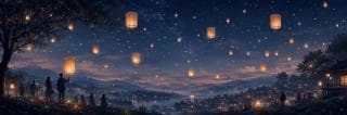 Glowing lanterns rise into a starry sky, their reflections shimmering on a calm lake in a tranquil, natural scene.