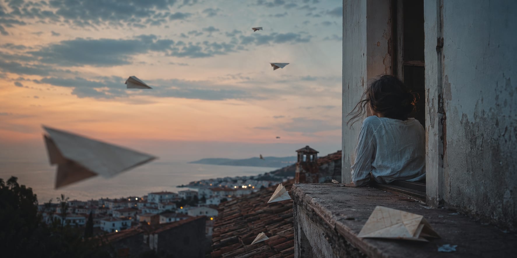 A person sits in a window at sunset, watching paper airplanes fly above a coastal town.