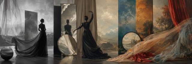 A woman in a flowing gown stands among mirrors and panels, sheer fabric creating reflections in an elegant, surreal setting.