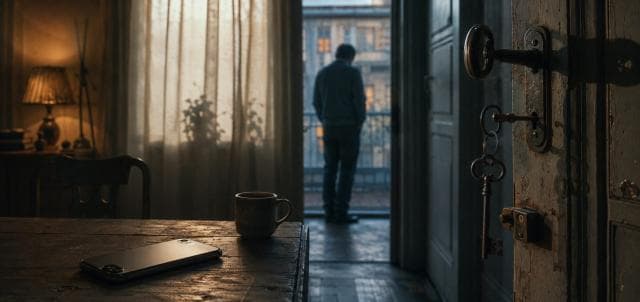 A mug and phone rest on a wooden table; an open door reveals a chaotic scene with keys dangling in the lock.