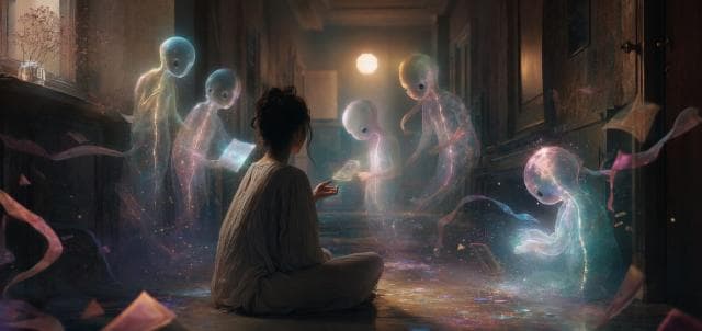A person sits on a hallway floor, surrounded by five glowing surreal figures holding fantastical objects.