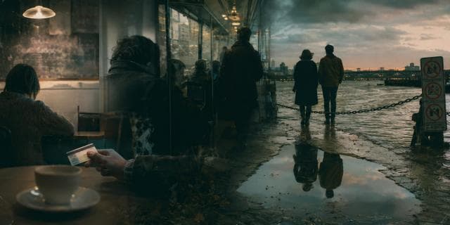 A person on their phone in a café; outside, two people walk along the waterfront at sunset, subtly commenting on city life.