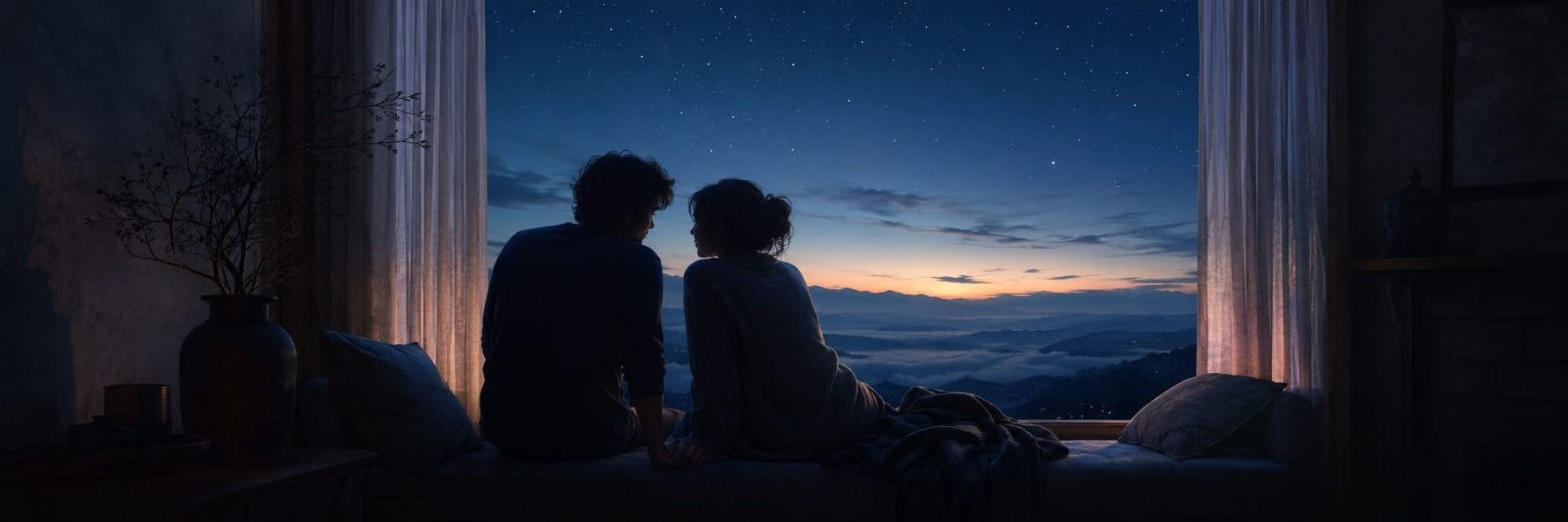 Two people sit on a bed by a window, looking out at a starry night sky and mountains at dusk.