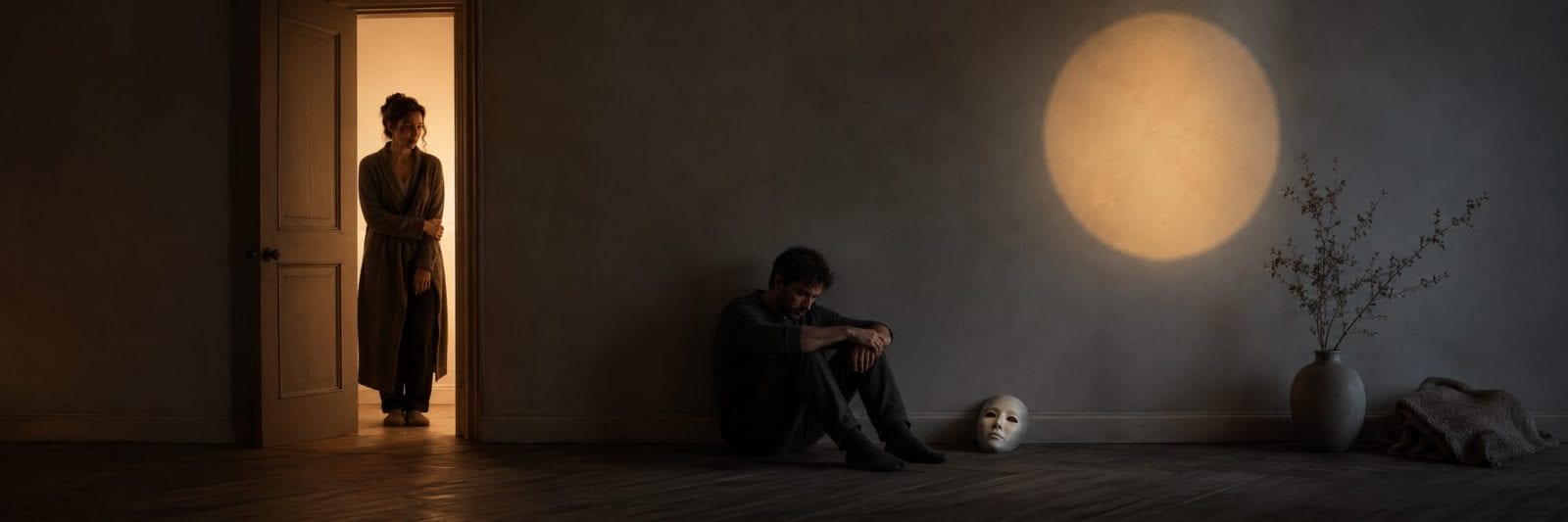 One person sits on the floor by a mask and vase, reflecting, while another stands in a doorway.