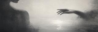A hand reaches toward a silhouetted figure across a misty, reflective body of water.