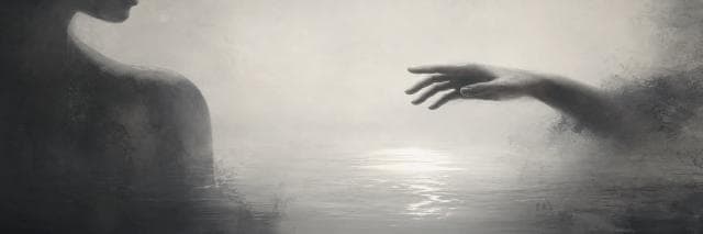A hand reaches toward a silhouetted figure across a misty, reflective body of water.