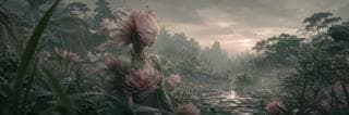 A humanoid figure made of flowers and leaves sits among pink blooms in misty nature, appearing deep in reflection.