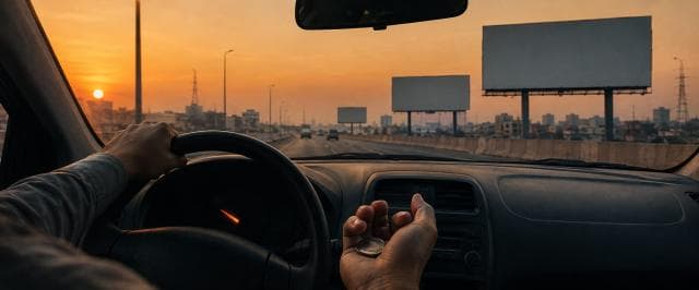 A person in a car uses a cracked phone as city lights reflect on the shattered windshield, with rain and dusk blending outside.