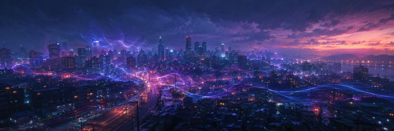 Surreal cityscape at sunset with glowing purple and blue trails weaving between tall buildings for a fantastical effect.