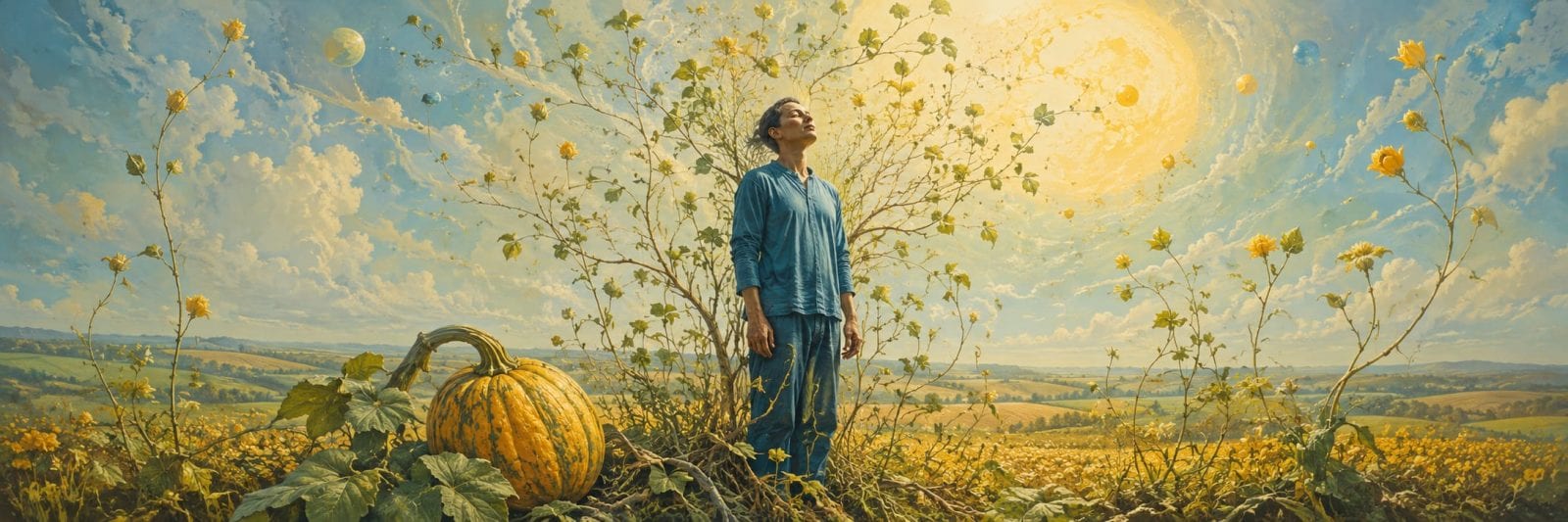 Person standing in a sunflower field with a pumpkin nearby under a vibrant, partly cloudy sky.