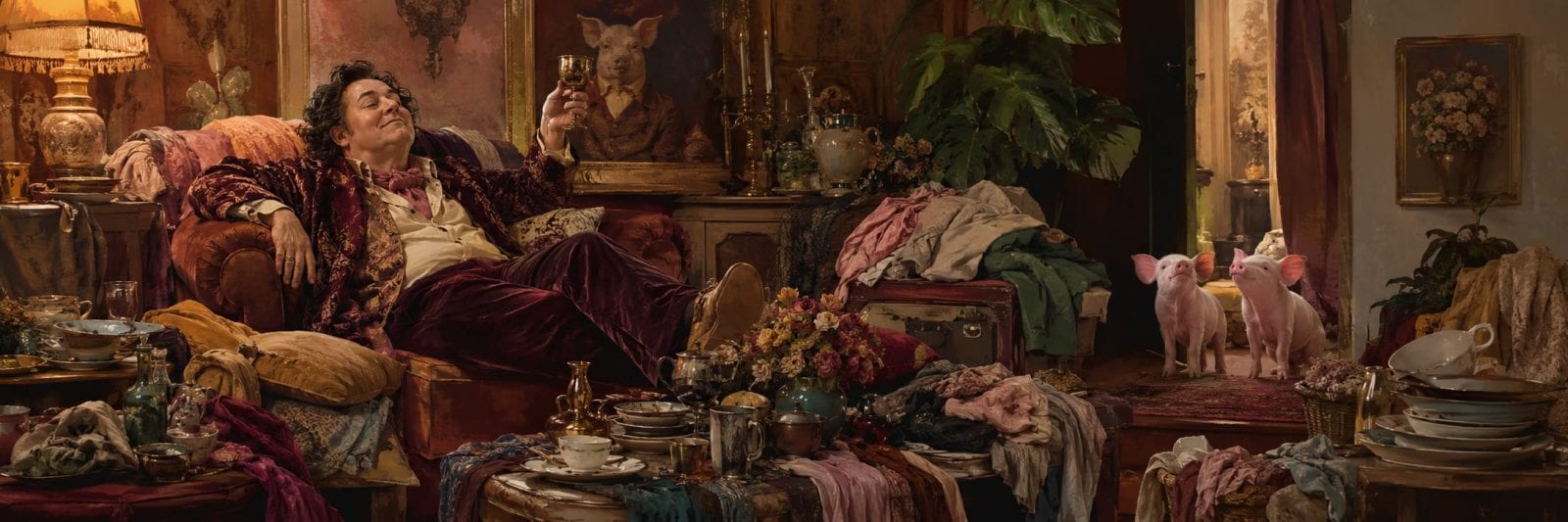 A man lounges on a sofa in a cluttered, ornate room as piglets root near piles of discarded clothes.